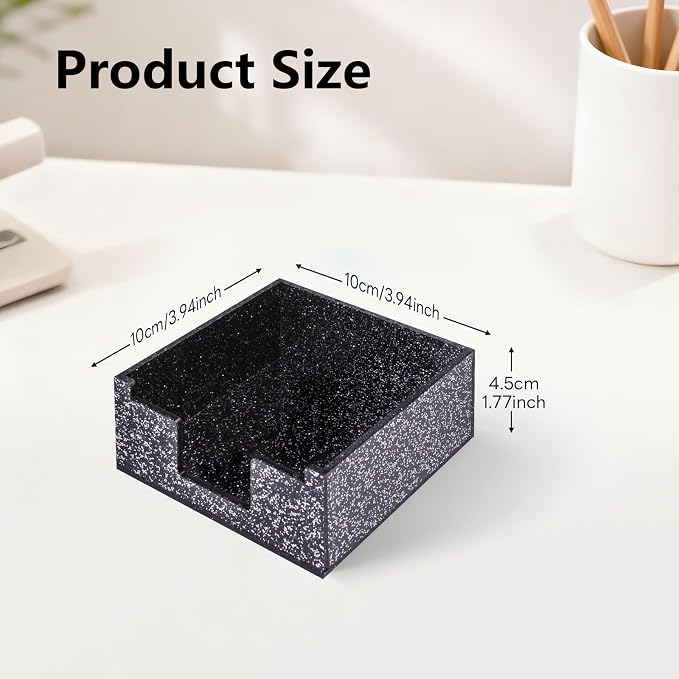 Black Sparkling Sticky Note Holder, Glitter Acrylic Organizer, 3.94 x 3.94 in Multi-Use Tray for Office, School & Home Desk