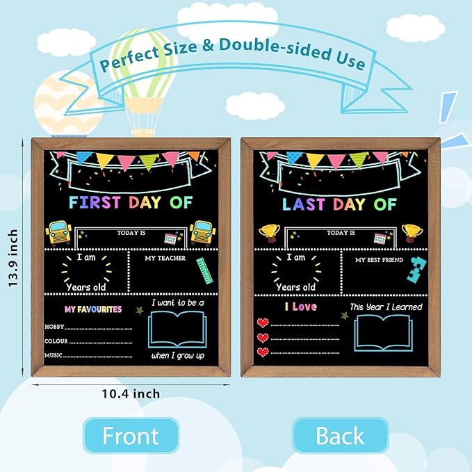 First & Last Day of School Chalk Board,10.5 x 14‘’ Double Sided Back to School Sign, Reusable Wooden 1st Day School Chalkboard of Preschool/Kindergarten/First Grade Photo Props for Kids
