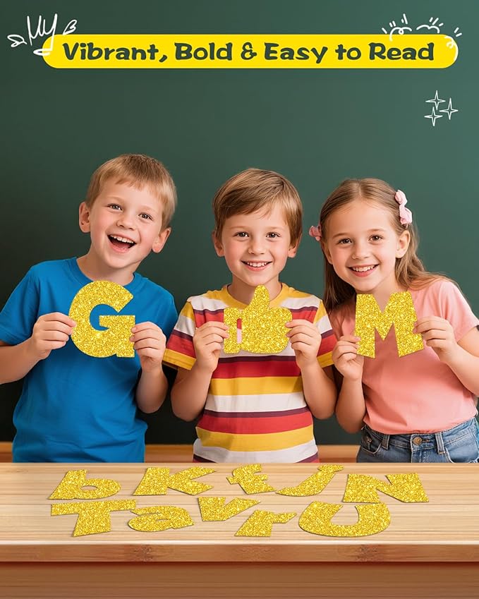 249 Pcs Glitter Bulletin Board Letters Numbers and Punctuation, 4 Inch Alphabet Poster Board Cardboard Letter Cutouts with Adhesive Dots for Classroom Bulletin Board School Decorations (Yellow)