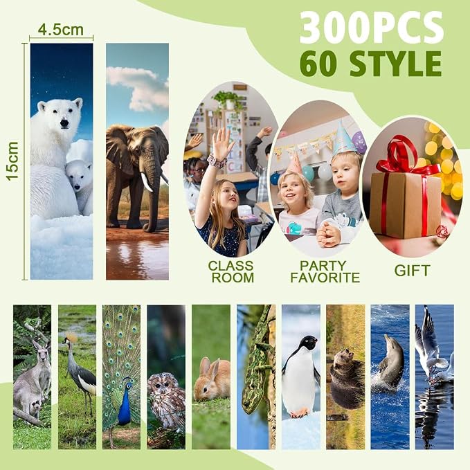 300pcs Animal Bulk Bookmarks for Kids Classroom 60 Designs Cool Wildlife Cute Book Mark Double Sided Bookmarks for Book Lovers Students Children Rewards Gifts
