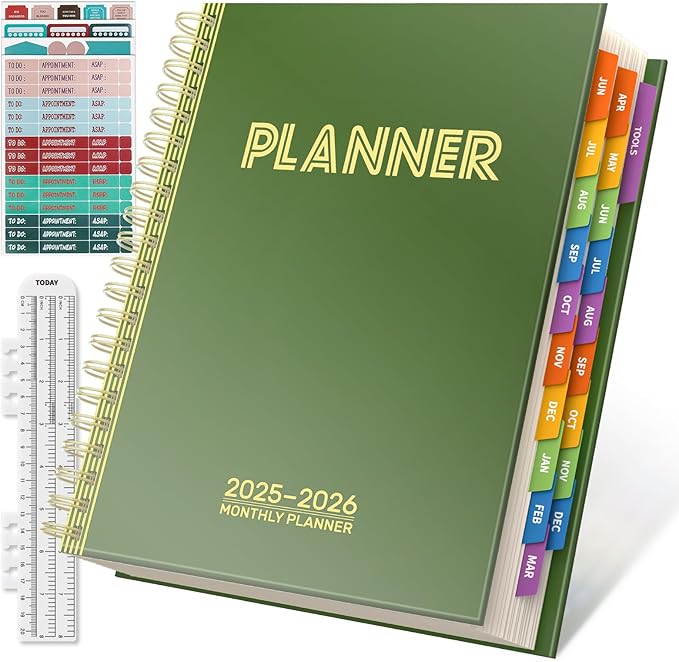 19 Months Planner, 2026 Weekly & Monthly Planner, 8.5"×11" Daily Weekly Monthly Calendar Planner, June 2025-Dec 2026 Organizers with Habit Tracker for School & Office, Colored Tabs, Stickers, Pocket, Ruler Bookmark-Green