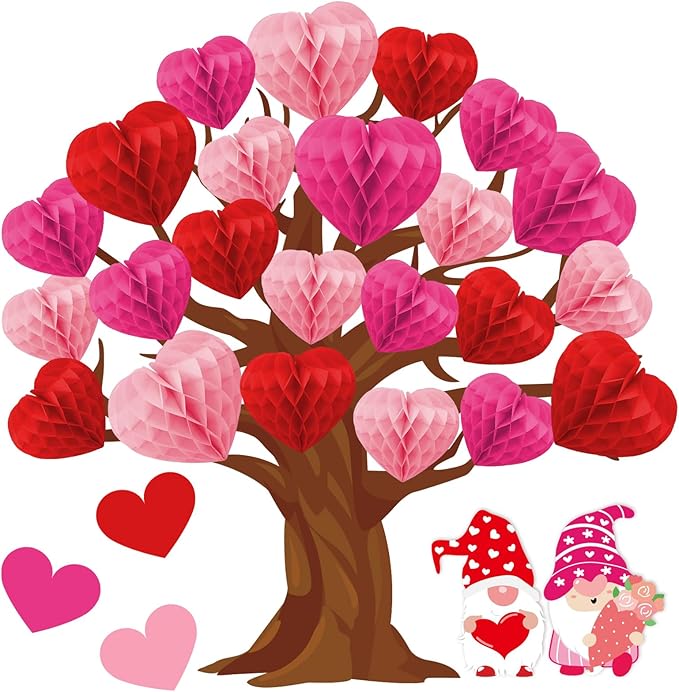 JarThenaAMCS 50Pcs Valentine's Day Bulletin Board Set Classroom Decoration 3 Colors Heart Honeycomb Tree Love Gnome Paper Cutouts with Glue Points for School Wall Door Wedding Anniversary Supplies