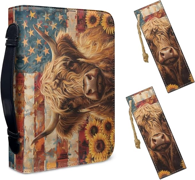 Lotusorchid Highland Cow Leather Bible Cover with Matched Book Marks, American Flag Bible Carrying Case Bible Bag for Women, Protective Bible Case with Pen Storage, Brown, Size 2XL
