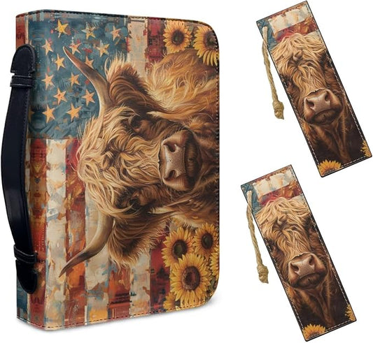Lotusorchid Highland Cow Leather Bible Cover with Matched Book Marks, American Flag Bible Carrying Case Bible Bag for Women, Protective Bible Case with Pen Storage, Brown, Size 2XL