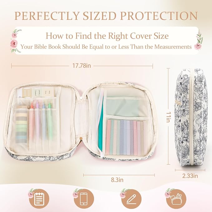 Bible Cover Case for Women Large Quilted Bible Carrying Bag with Handles Bible Study Supplies & Accessories Christian Gifts for Women(Big Blue Flower, M)