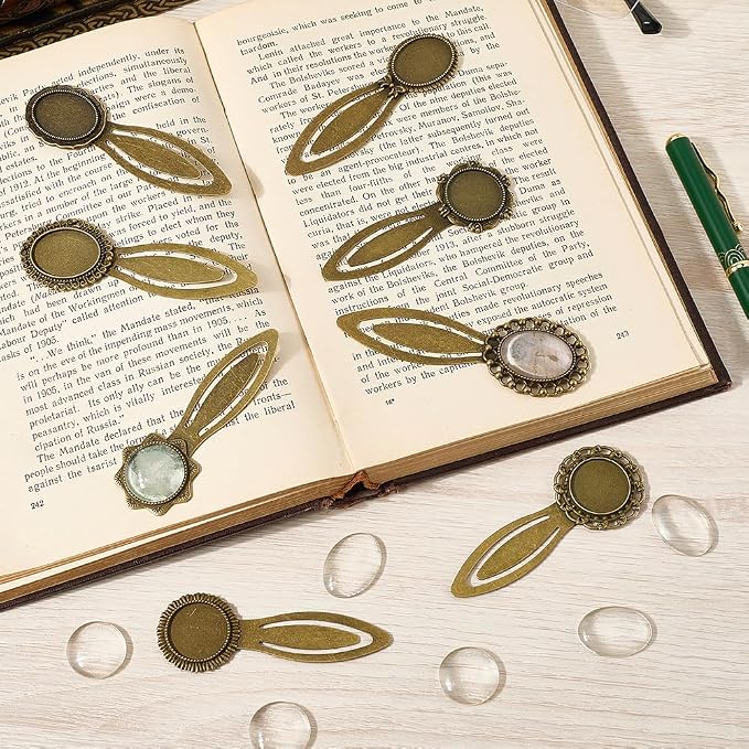 SUNNYCLUE 1 Box 8 Sets Bronze Bookmarks Cabochon Tray Bookmark Alloy Metal Include Books Read Blank Photo Transparent Marks Kit Bezels for Jewelry Making Charms Book Reading DIY Supplies Women Adults