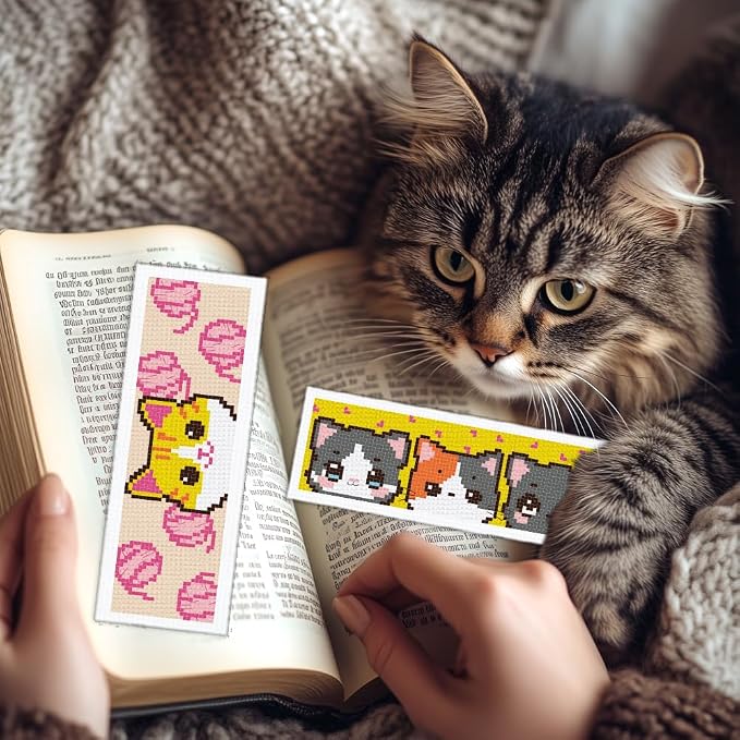 INFUNLY 6pcs Cartoon Cat DIY Cross Stitch Bookmark Kits for Beginner 8.66"×3.15" Cute Kitten Stamped Embroidery Kit with Instruction Pussycat Printed Bookmark Kits for Cat Lovers Book Readers Writers