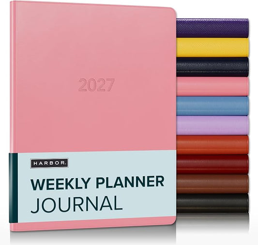 Harbor Weekly Journal Notebook Planner 2027 - Lined, Durable Faux Leather, Softcover, 176 Quality Pages - For Men and Women, For Writing, Work & Travel - Cambridge Flamingo - 9"x7"
