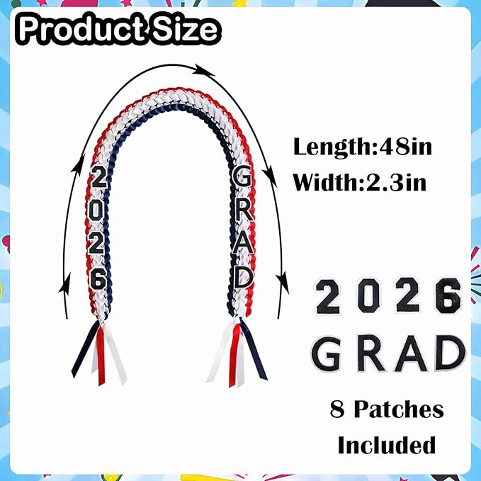 Graduation Leis 2026 Money Ribbon Leis for Graduation Class of 2026 Braided 48inch Graduation Necklace for High School,College Graduation Party Gifts,Navy Blue,White and Red