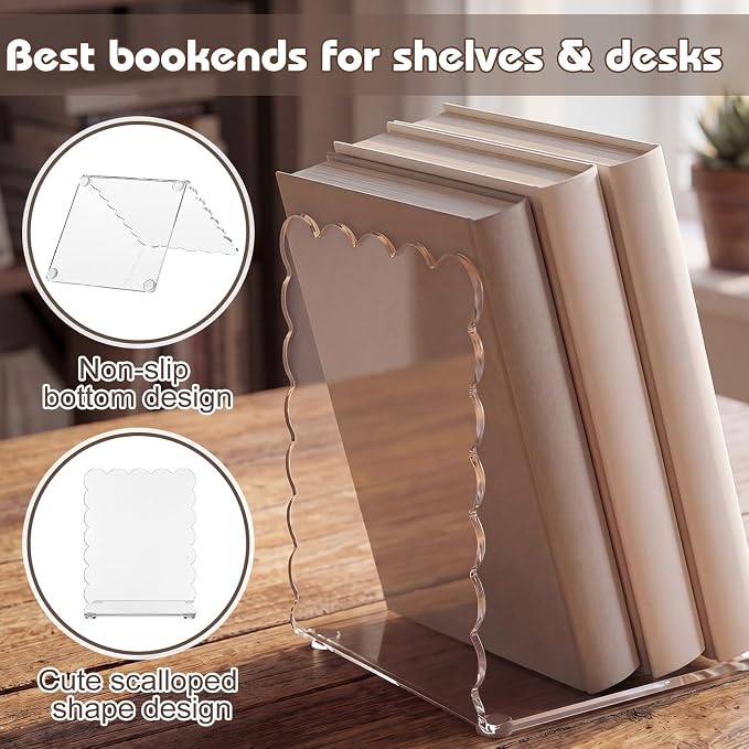 4 Pcs Scalloped Acrylic Bookends Clear Book Ends for Shelve Transparent Bookend Organizer Decorative Non Slip Book Holders for School Library Office Cd File Video Games