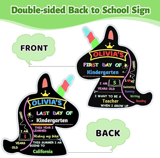 First and Last Day of School Board Reusable, Back to School Chalkboard Sign, Double Sided Preschool Kindergarten Signs for Kids Girls Boys (Cute Unicorn)