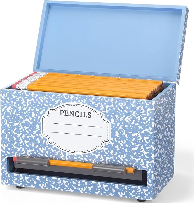 Yalikop 1 Pc Wooden Pencil Dispenser for Classroom Pastel Wood Pencils Holder for up to 200 Pencils Reusable Straw Dispenser for Home Office Teachers Supplies Storage (Notebook,Blue)