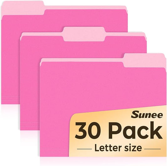 SUNEE File Folders, 30 Pack Manilla Folders 8.5 x 11, Colored File Folders Home Office School Supplies for Documents Files Paper, Neon Pink