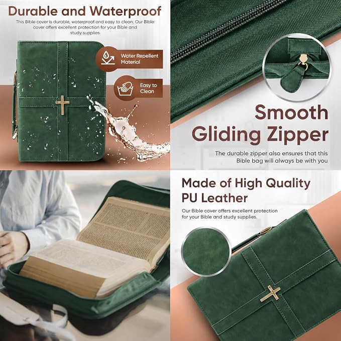 Bible Cover (U.S. Patent Pending), Discreet & Elegant Bible Case, Green PU Leather Bible Cover, Cross Design Bible Bags, Strong and Sturdy Book Case, Includes Premium Bookmark