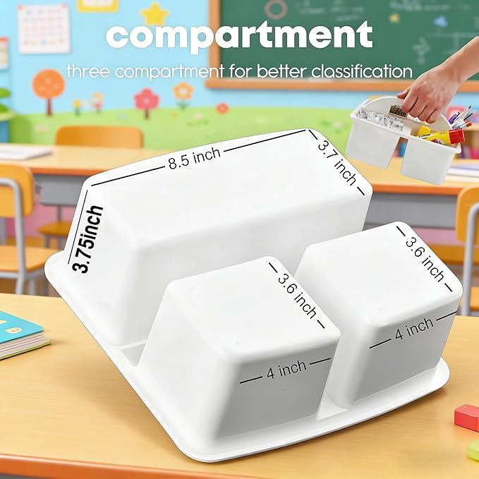 Plastic Storage Caddy Organizers, 6 Pcs Portable Teacher Classroom Supply Caddies with Handle, 3-Compartment Utility Craft Art Caddy for Kids, School Classroom and Office Organization, White