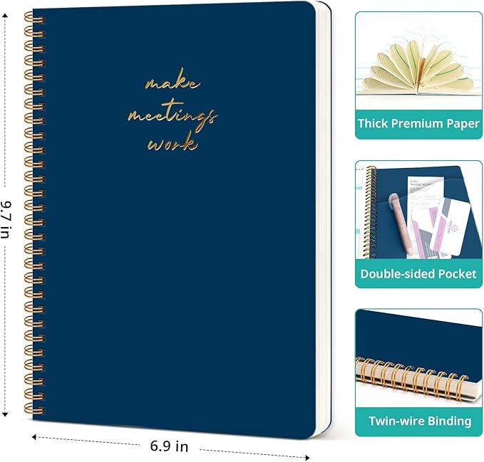 Meeting Notebook for Work Organization - Work notebook with action items, Meeting Minutes Planner Notebook, Perfect Office Supplies for Men & Women - Navy Blue