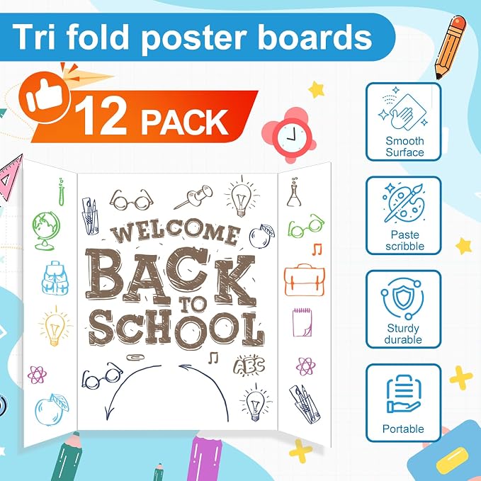 12 Pcs Medium Trifold Poster Board, 26" x 17" Presentation Board, with Double Sided Tapes and Cardboard, White Corrugated Project Boards/Science Fair/trifold Display Board for School Project