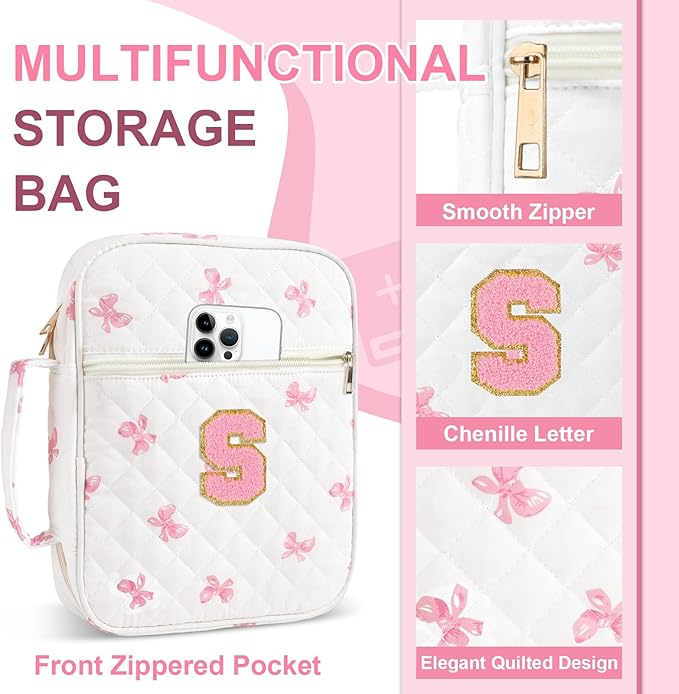 Personalized Initial Bible Cover Case for Women Girls Kid - Large Quilted Bible Case with Handle, Stylish Chenille Letter Bag Study Supplies, Perfect Christmas Gifts for Christians Women (Pink Bow-S)