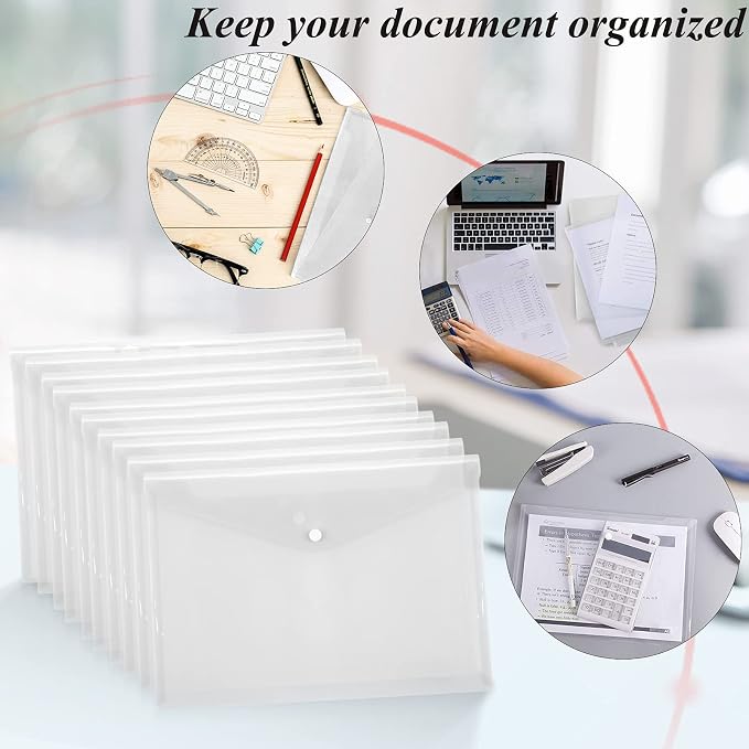 Toplive File Folders,12 Packs Plastic Envelopes Clear A5 Letter Size Waterproof Poly Envelopes Folders with Snap Closure for Office School Supplie