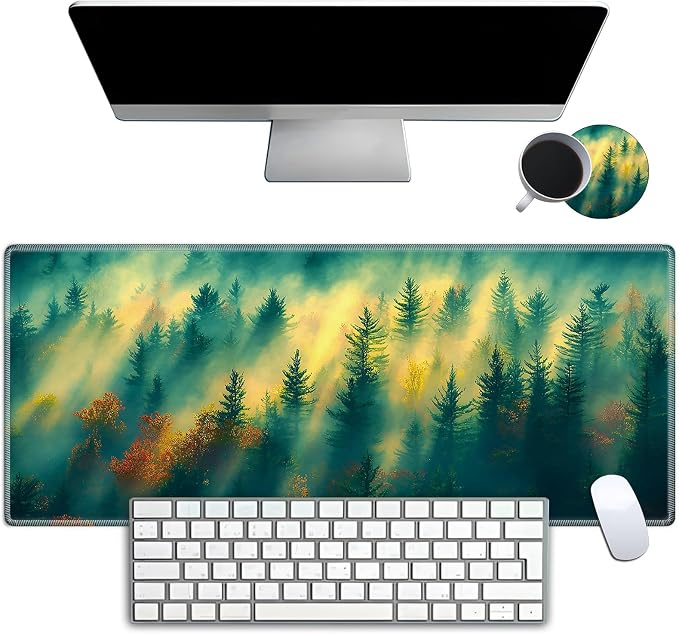 Mouse Pad Gaming Mousepad 31.5x11.8 Inch XXL Large + Coasters,Desk Mat with Stitched Edges, Non-Slip Rubber Base, Thick Mouse Pad for Computer, Laptop, Office & Home - Sunshine Deep Forest