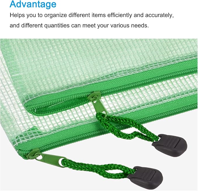 MECCANIXITY Mesh Zipper Bags, A3 Size File Document Pockets Bill Pouch Folders for Office Home Supply, Green Pack of 3