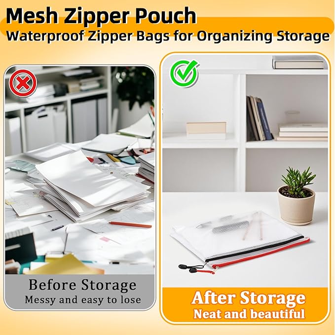 RAINFLOW a4 Mesh Zipper Pouch Bags - 12 PCS Reusable Mesh Bags with Zipper Waterproof Storage Bag Organizer for Document Toy Storage Classroom Organization and Storages Office Supplies in Multicolor