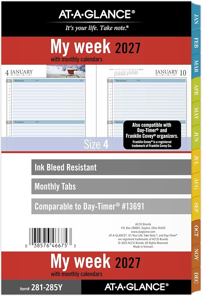 AT-A-GLANCE 2027 Planner Refill, Weekly & Monthly, 5.5" x 8.5", Desk Size 4, Tabbed, 7-Ring Loose-Leaf, Zenscapes (281-285Y-27)