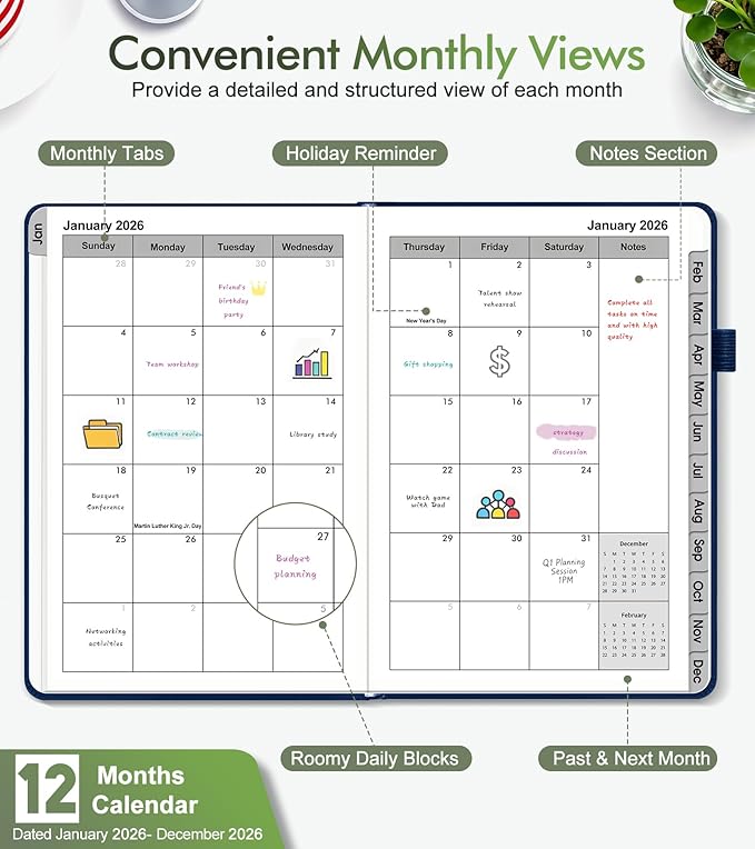 2026 Weekly & Monthly Planner, 12 Months Hardcover Planner from January 2026 - December 2026, Leather Agenda Organizer Book 2026 with Tabs, Daily Calendar Planners for Work School Home, A5 (5.75" x 8.38"), Navy