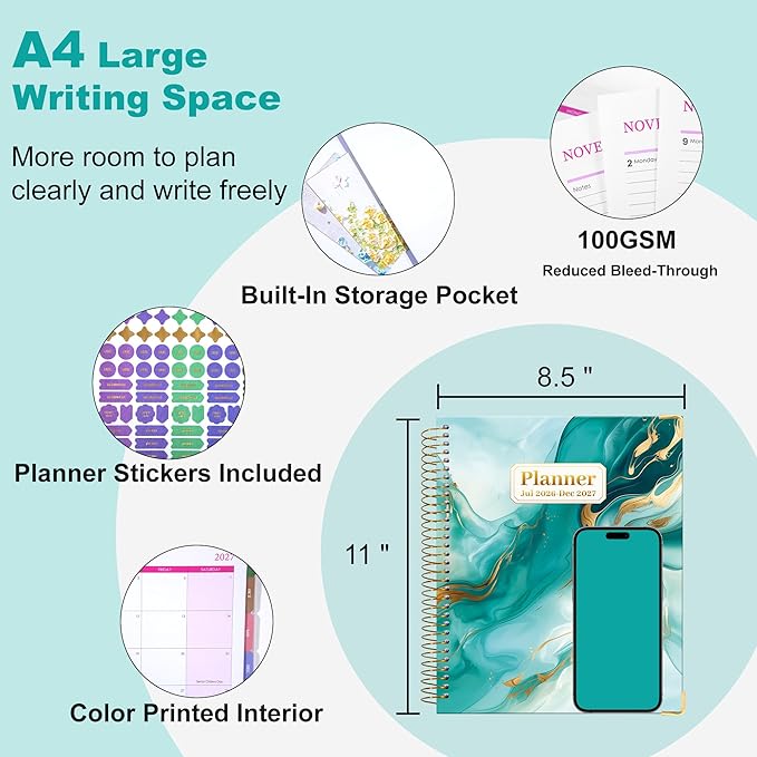 CAGIE Planner 2026-2027, 18 Month Weekly and Monthly Planner, Marble Design Calendar with Tabs, Jul 2026–Dec 2027, Large 8.5" x 11" A4 Hardcover Spiral Agenda Planner for Home, Work, School and Teacher (Green）