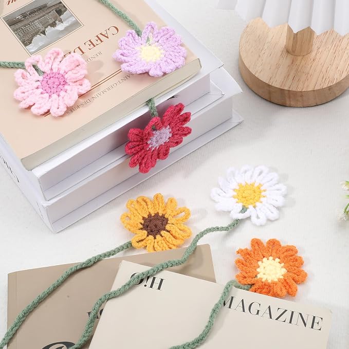 6 Pcs Crochet Bookmarks Daisy Sunflower Flower Bookmark Personalized Bookmark Cute Bookmarks for Reading Women Book Lovers and Teachers (Dark Green Stems)