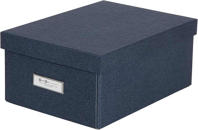 Bigso Karin KD Collapsible Storage Box with Labelframe for Easy Identification - Simple Assembly without Tools - Decorative Storage Boxes with Lids - 8.9in x 12.4in x 5.4in - Blue