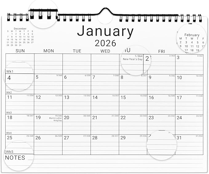 2026 Wall Calendar, 12 Month 11”x8.5 ‘’ Year Monthly Organizer from January 2026-2027 Small Mini Horizontal Blank Spiral Bound Wire Hanging Calendar w/ Lines for Family, Home, Kitchen, Office White3