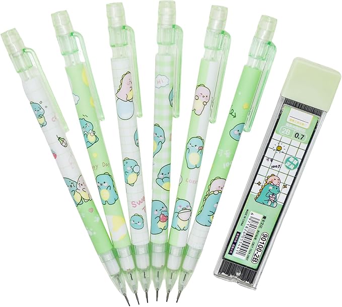 Maydahui 12 Pcs Cute 0.7mm 2B Dinosaur Mechanical Pencils With Eraser and 100 Pcs Lead Refills Dino Auto Pencils For Drawing Writing Sketching Stationery Supplies