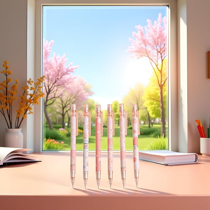 6 Pcs Cute Mechanical Pencils With Top Erasers Peach Automatic Pencils Stationery Gift For Students Teen Girls 6 Pcs Mechanical Pencils, Writing and Correction Supplies