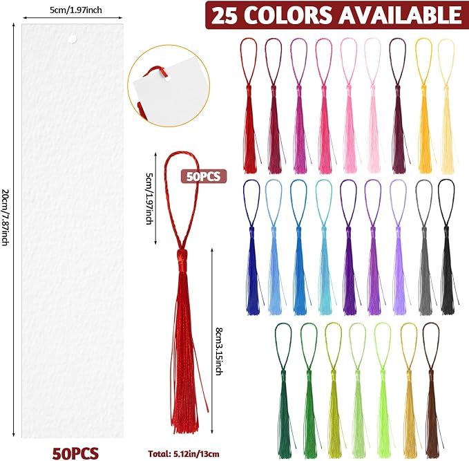 LOTMER 100 Pcs Watercolor Paper Blank Bookmarks with Colorful Tassels Book Marks Tassels DIY Kit Cotton Watercolor Paper Bookmarks with Hole for DIY and Gifts Tags 7.87x1.97 inch