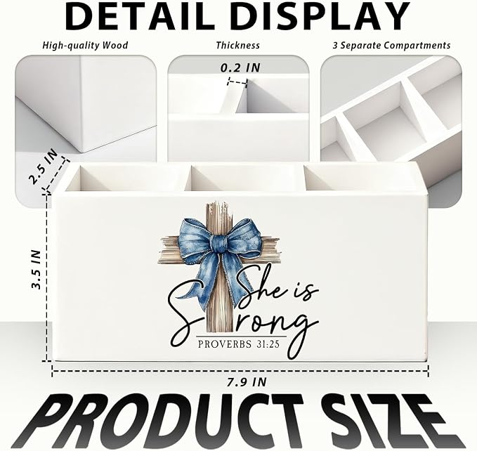 Christian Pen Holder, Christian Gifts for Women Pencil Holder for Desk, Proverbs 31 Woman Gifts, Preppy Bow Bible Verse Wooden Box Sign Decorations for Girly Room Bedroom Dorm Desk Tabletop