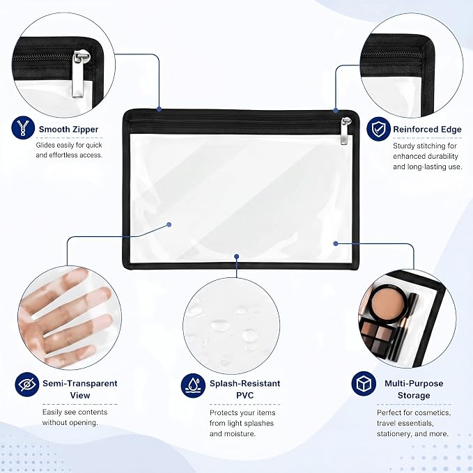 Ireer 36 Pcs Clear Zipper Pouches PVC Waterproof Pouch Bags Transparent Zipper Pouch Clear Storage Bags Multipurpose for Organizing Travel Cosmetics Document File (Black,11.5 x 7 Inch)