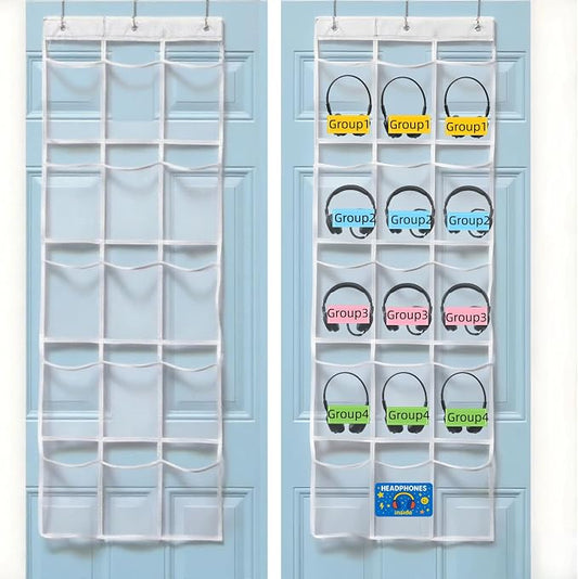 1-Pack Classroom Headphone Storage Organizer – 15 Clear PVC Pockets with Blank Colorful Labels for Custom Writing, Ideal for School & Teacher Organization