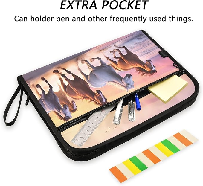 Expanding File Folder Beach Horse Accordion File Organizer 13 Pockets Document Organizer with Zipper Labels A4 Letter Office Storage