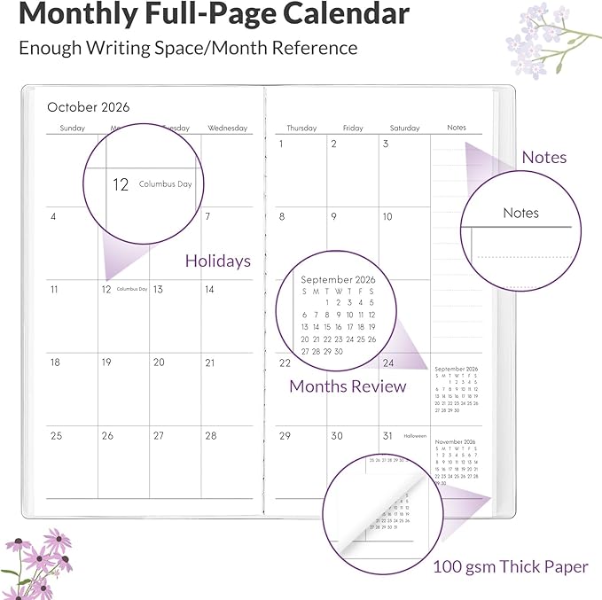 Phyxin Pocket Calendar, Pocket Planner - Runs From Jul 2025 Until Dec 2027, Small Calendar - 6.7" x 3.7", Calendar Planner for Women, Teacher, Students, Purple Flowers