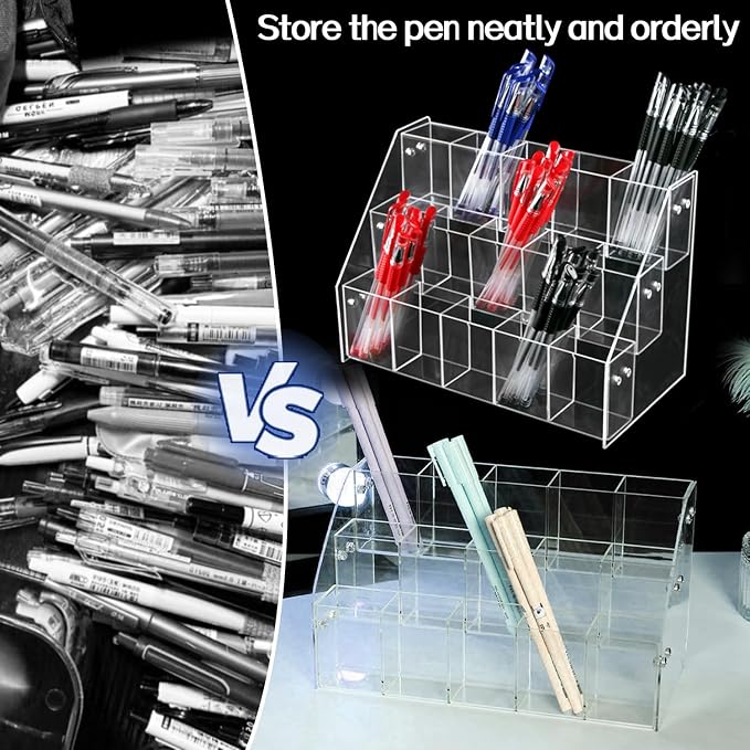 Clear Pen Display Stand-3 Tier ＆ 15 Grid Trapezoidal Acrylic Pen Holder Transparent Pencil Holders Acrylic Organizer Desktop Stationery Organizer Office Desk Accessory for Stationery Store,Home