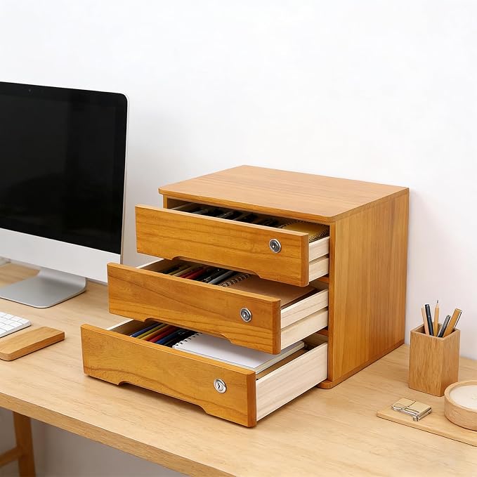 Wooden Desktop Storage Box with Lockable Drawers, Flat File Cabinet Drawer Desktop Storage Box, Countertop Storage Cabinet for Office Home Toiletries Supplies Vanity (Wood yellow, 3 Drawer)