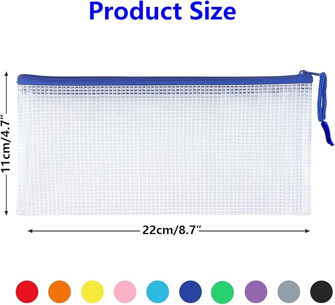 10pcs Mesh Zipper Pouch Bags,Plastic Pencil Storage Bags，Bill Size 8.7" x 4.7", 10 Colors Waterproof Small Zipper Pouches for Travel, Cosmetics, School Office Organization