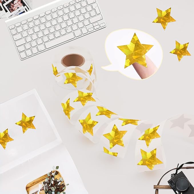 Gold Star Stickers for Kids Reward,Self-Adhesive Good Foil Star Stickers,Glitter Star Stickers Large 1 Inch,Holographic Stickers Chart for Kids Behavior,Students Teacher School Classroom 500 Pcs