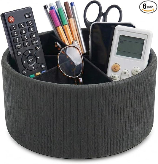 Remote Control Holder, 360°Spinning PU Leather Desk TV Remote Caddy,Desk Storage Box Room Accessories for Controller, Media,Mail,Calculator, Mobile Phone,Pencil(1-Big Wood Black)