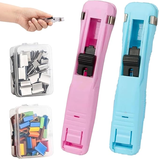 2026 New Portable Binder Clip Stapler, Includes 100 Reusable Clips, Handheld Paper No-Punch Folder, Mini Push Stapler Clamp Staplers for Home, School, and Office Document Binding (2pcsB)