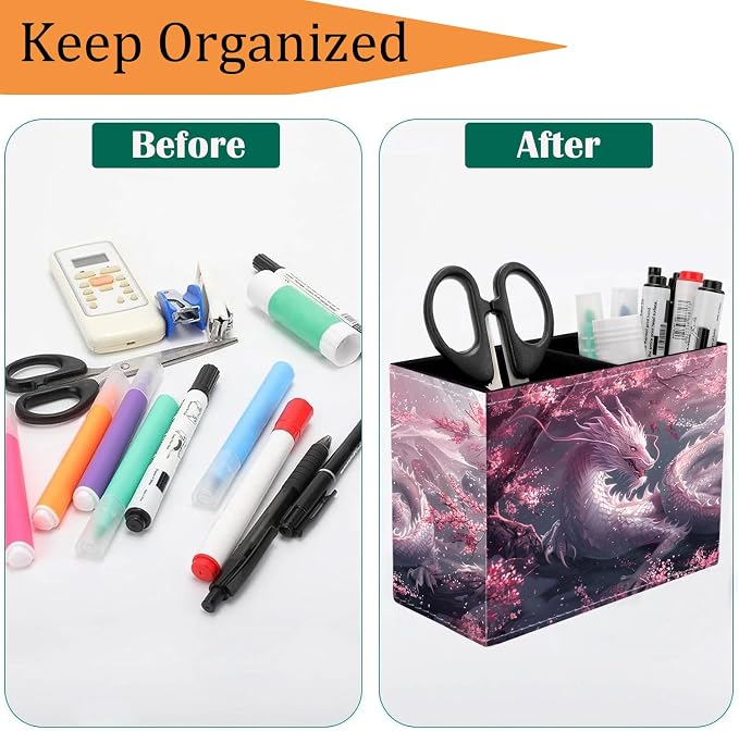 Pen Holder for Desk, PU Leather Multifunctional Desktop Storage Box and Anti-Slip Mouse Pad Set, Makeup Brush Holder Pen Organizer for Office and Home - Cherry Pink Dragon