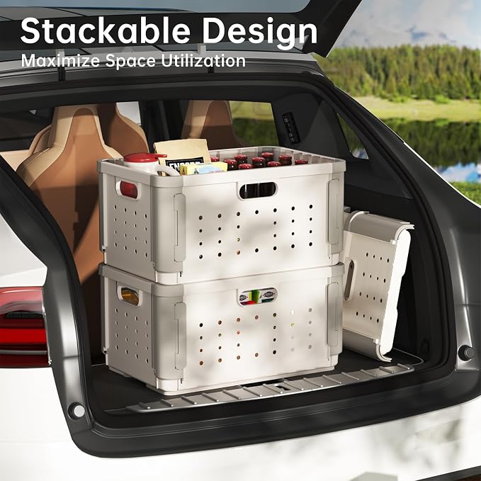 Plastic Folding Storage Baskets 2 Section, 42L Collapsible Storage Crates with Handles, Stackable Heavy Duty Versatile Box Organizers for Clothes, Books, Snacks, Shoes and Grocery - 2 Pack