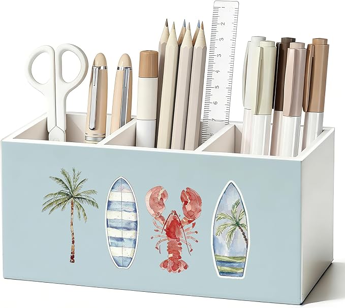 Coastal Beach Pen Pencil Holder for Desk, Beach Office Decor, Tropical Ocean Beachy Lobster Surfboard Palm Tree Wooden Box Sign Decorations for Home Bedroom Office Desk Tabletop
