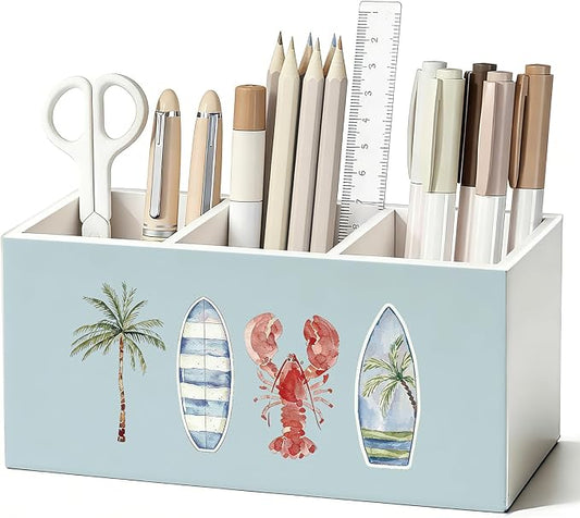 Coastal Beach Pen Pencil Holder for Desk, Beach Office Decor, Tropical Ocean Beachy Lobster Surfboard Palm Tree Wooden Box Sign Decorations for Home Bedroom Office Desk Tabletop